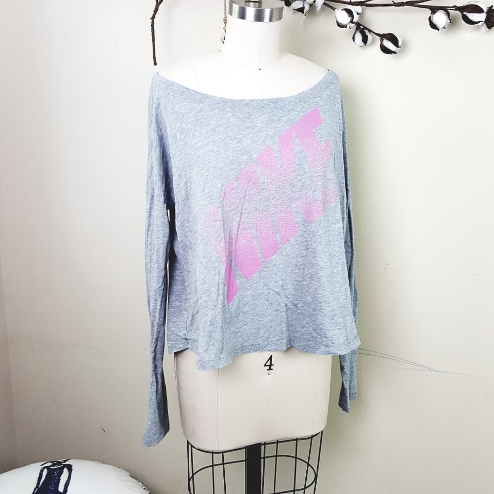 NIKE Pink/Gray Cotton Off Shoulder Long Sleeve Tee - Picture 6 of 7